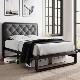 Feonase Twin Size Bed Frame, Upholstered Platform Bed Frame with No Box Spring Needed, No Box Spring Needed, Diamond Linen Headboard, 12" Storage Space, Noise Free, Easy Assembly, Dark Gray