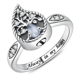 Tree of Life Teardrop Cremation Ring for Ashes - 925 Sterling Sliver Natural Moonstone Urn Keepsake Rings Memorial Jewelry for Women (8#)