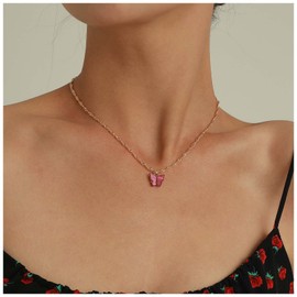 Iaceble Boho Pink Butterfly Necklace Acrylic butterfly Pendant Necklace Pink Acrylic Butterfly Necklace Minimalist Gold Twist Chain Necklace Jewelry for Women and Girls