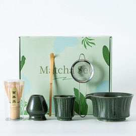 Green Ceremony Matcha Kit -Matcha Bowl with Spout, Sifter, Ceramic Holder, Bamboo Whisk (Chasen), Scoop & Tasting Cup – Complete Matcha Kit Gift for Tea Enthusiasts Christmas (Matte Glaze Finish)