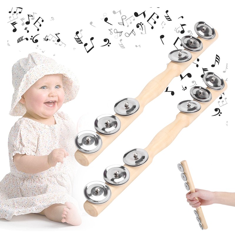 2Pcs Children Percussion Musical Toy Wooden Hand Bell Rattle Shaker