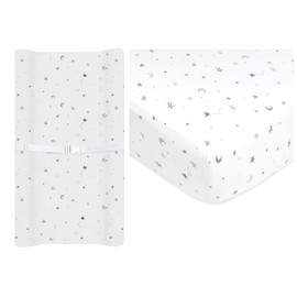 American Baby Company Crib Bedding Bundle Set, a 100% Cotton Fitted Standard Crib Sheet and a Fitted Contoured Changing Table Pad Cover, Gray Star, for Boys and Girls