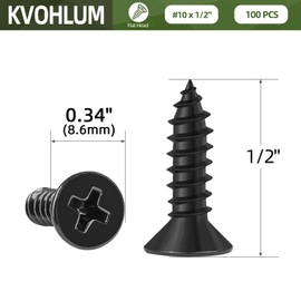 100 PCS #10 x 1/2" Black Sheet Metal Screws, Flat Head Phillips Fast Self Tapping Screws, Countersunk Head Wood Screws, Carbon Steel, Screwdriver Bit Included
