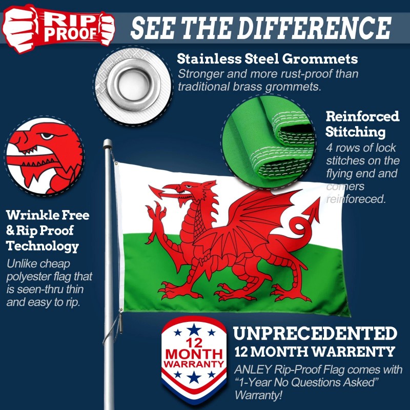 Anley Rip-Proof Double Sided 3-Ply Wales Flag 3x5 Ft Welsh