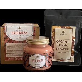 Hair Treatment Set, Moroccan Clay and Avocado Oil Hair Mask and Organic Dark Brown Henna Powder