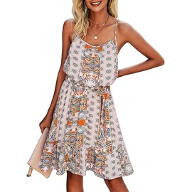 PRETTYGARDEN Women's Summer Spaghetti Strap Dresses Floral Print Crewneck Sleeveless Ruffle Mini Short Dress with Belt (Grey, Large)