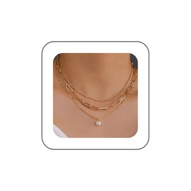 Cimenexe Bohemian Layered Pearl Choker Necklace Gold Round Pearl Pendant Necklace White Pearl Necklace Multi Paperclip Link Chain Necklace Jewelry for Women and Girls Gifts
