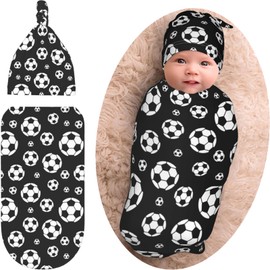 Soccer Print Baby Stuff Newborn Swaddle Blanket Beanie Set, Soft and Stretchy Baby Soccer Outfit Swaddle Sack for Infant Boy and Girl Gift