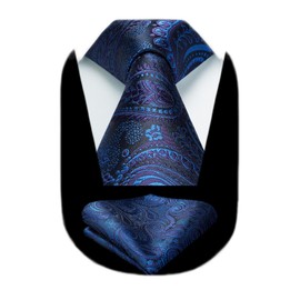 HISDERN Ties for Men Classic Royal Blue Long Tie and Pocket Square Set Wedding Paisley Silk Necktie Handkerchief Formal Business Men's Neckties
