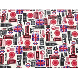 AMORNPHAN 45 Inch London British Big Ben Bus Great England United Kingdom UK England Flag Country Printed Cotton Fabric for Patchwork Needlework DIY Handmade Sewing Crafting Home Decoration For 1 Yard