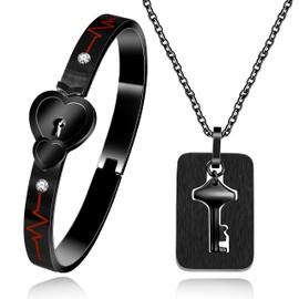 Tobestu Stainless Double Heart Infinity Love Lock Bangle Heartbeat Bracelet and Shield Key Pendant Necklace Couple Set for Men Women Y1891-Black