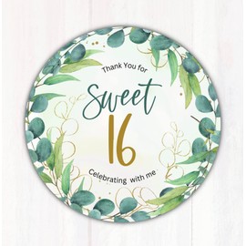 60 2-Inch Sweet 16 Birthday Party Favor Stickers - Eucalyptus Leaves Green Sweet 16 Goody Bag Stickers - Birthday Sticker Favors For 16th Birthday