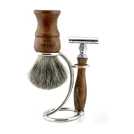 Haryali London Men's Wooden Shaving Set with Double Sided Safety Razor, Super Badger Brush and Curved Stand, Perfect Christmas Set for Men