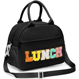 Beaulyn Lunch Bag for Women, Preppy Lunch Box for Girl, Large Insulated Lunch Bag with Adjustable Shoulder Strap, Reusable Lunch Tote Bag with Chenille Letter for Work School Picnic