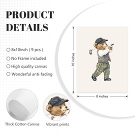 Vintage Sports Nursery Wall Art Decor Teddy Bear Golf Prints Baby Toddler Boy Room Canvas Wall Decor Bear Nursery Pictures Sport Animal Pictures Vintage Golf Artwork for Bedroom 8x10x9 Inch Unframed