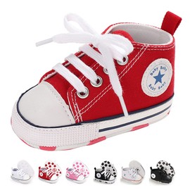 SABATUTU Baby Boy Girls Sneakers Canvas Shoes High Top Sports Soft Anti Slip Soles Newborn First Walker Fashionable Denim Shoes (01/Reds star, Infant, 6 Months, Age Range, US Footwear Size System, 12 Months, Medium)