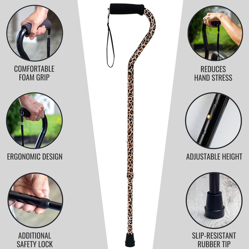 DMI Adjustable Designer Cane with Offset Handle and Strap, Leopard,