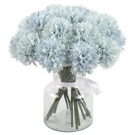INSUNSIX 15PCS Artificial Chrysanthemums Ball Flower Bouquet Light Blue Fake Mums with Short Stems Fall Faux Silk Mums Flowers for Bridal Wedding Bouquet Fall Decor Home Table Centerpiece (Light Blue)