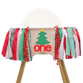 Christmas Tree 1st Birthday High Chair Banner - Red and Green One High Chair Banner, Best Christmas Birthday Party Supplies, Christmas 1st Birthday Decoration for Girls Boys, Banner for Photo Booth