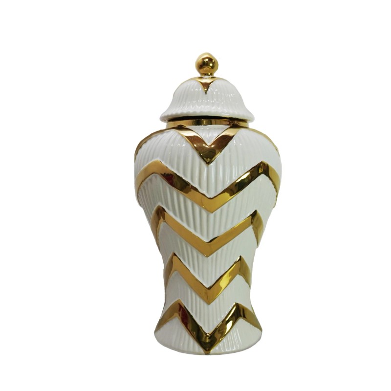 Homeroots 18" White and Gold Chevron Urn Ceramic Ginger Jar