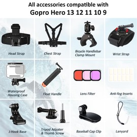 ShipeeKin Accessory Set Kit for GoPro Hero 13 12 11 10 9 Waterproof Diving Housing Underwater Floating Handle Chest Strap Head Strap Wrist Strap Fence Clamp Cap Clamp Red Filter Anti-Fog Inserts