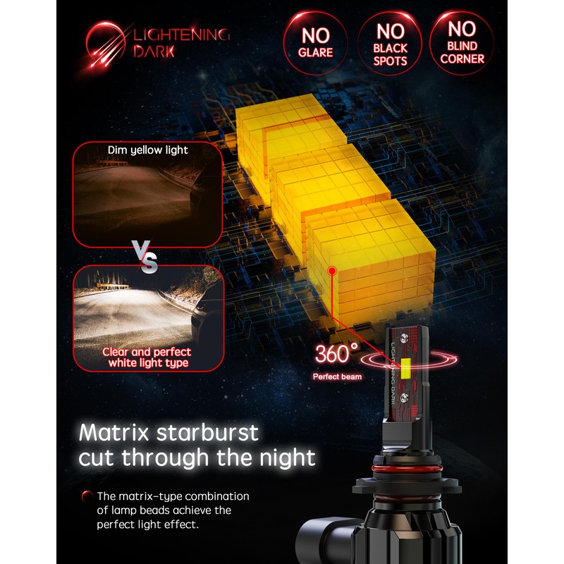 LIGHTENING DARK 9005+9006 Light Bulbs, HB3+HB4 Fog Bulbs Combo 6500K