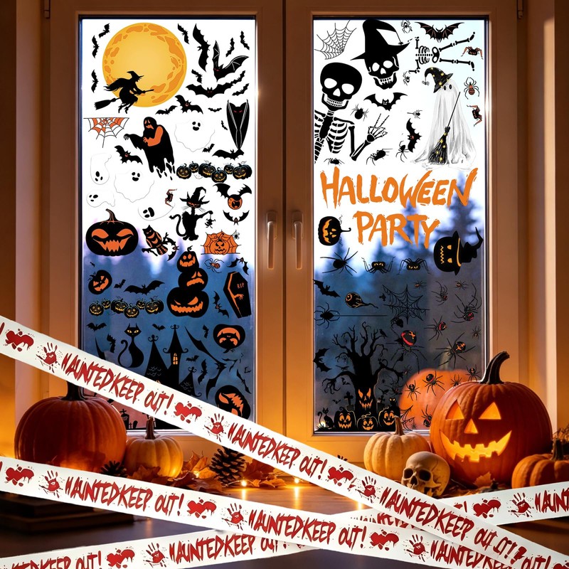 Halloween Window Stickers with Caution Tape 141PCS Halloween Decorations