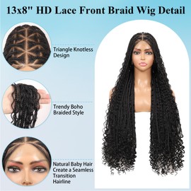 Olymei 13x8 Inch HD Lace Front Knotless Braided Wigs Boho Braided Wigs for Black Women Human Hair Blended Box Braid Wig with Baby Hair Long Black Women's Braided Wig 36 Inch
