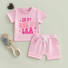 Toddler Baby Girl 1st Birthday Outfits Letter Floral Print Short Sleeve T-Shirts Sweatshirt Top Shirts with Elastic Waist Shorts Sets 2Pcs Birthday Clothes for Little Girls (Pink, 6-12 Months)