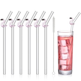 Honeydak 6 Pcs Reusable Glass Straws Flamingo Party Supplies 8" Shatter Resistant Cute Flamingo Glass Straw with 1 Cleaning Brush for Hawaiian Luau Tropical Bachelorette Birthday Pool Party Decoration