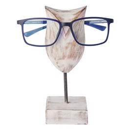 Eximious India Wooden Owl Glasses Holder Night Stand Reading Eyeglass Retainer Gifts for Women Men Him Her Mom Dad Car (White)