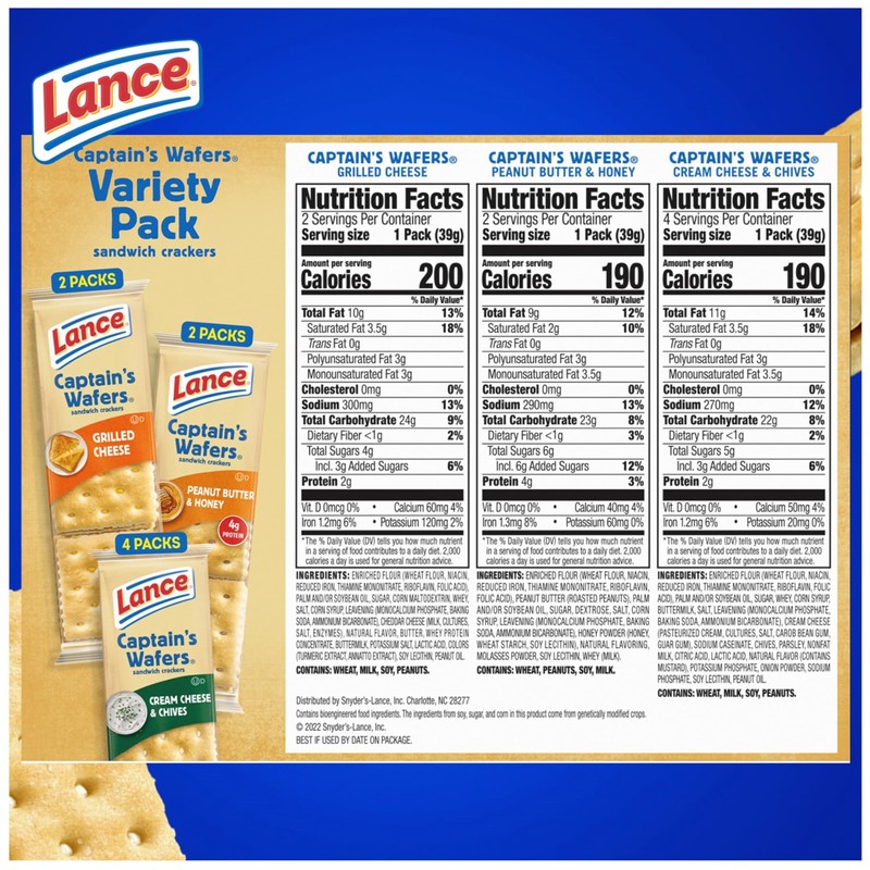 Lance Sandwich Crackers, Captain's Wafers, Variety Pack, 8 Individual Packs,