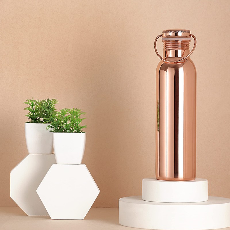 Pure Copper Water Bottle with Handle, 600 Ml, UNLINED, UNCOATED