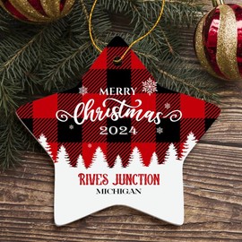 Merry Christmas Rives Junction Ornament Rives Junction MI Christmas Ornament 2024 Gift Family Friend Hometown Souvenir Housewarming Keepsake Star Ornament Tree 3" White