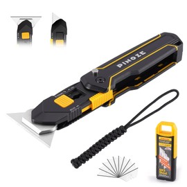 PINOZE Folding Utility Knife Scraper, 3-in-1 Box Cutter with Lanyard & Blade Storage, Retractable Heavy Duty Zinc Alloy Multi-functional Knife with 10pcs SK2 Blades, EDC Tool for Home, Office, DIY