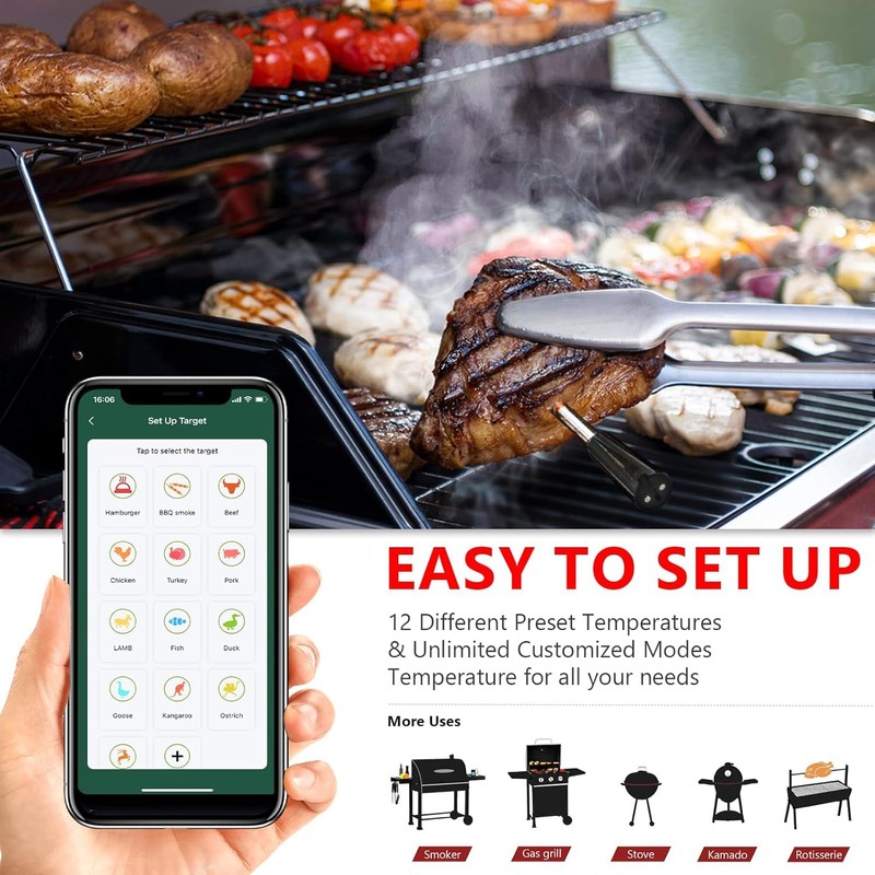 Wireless Meat Thermometer, Smart Bluetooth Meat Thermometer with 165ft Wireless