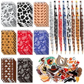 Saypacck 98 Pcs Western Cowboy Notebook Pencils and Sticker for Party Favors Cowboy Horse Theme School Supplies Mini Spiral Notepads for Classroom Reward Back to School Gift Office Home Supplies