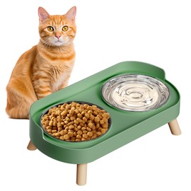 Elevated Cat Bowl, Raised Cat Food and Water Bowl Set for Indoor Cats, Splash Proof with 2 Stainless Steel Pet Food Bowls for Cats and Puppies, Whisker Fatigue and Dishwasher Safe - Green