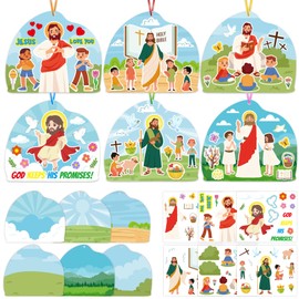 Qpout 12 Sets Religious Easter Scene Craft Kits,Easter Crosses Jesus He is Risen Hanging Ornaments with Stickers for Spring Christian Sunday School DIY Activities