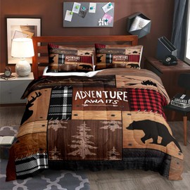 LUVIVIHOME 2PCS Rustic Cabin Comforter Set Twin Size, Farmhouse Bedding, Black Bear Deer Elk Moose Forest Animal Wildlife Hunting Country Brown Patchwork White Red Plaid Lodge Quilt, 1 Pillow Sham