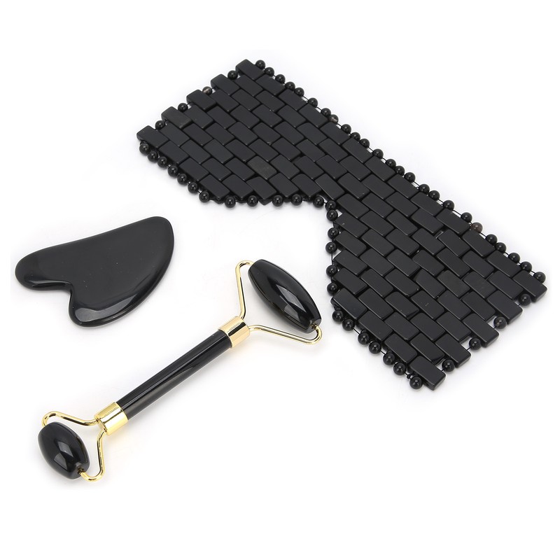 3pcs Obsidian Facial Roller Gua Sha Board Therapy Blindfold Beauty