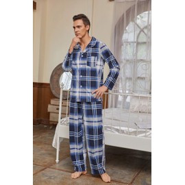Vulcanodon Mens Plaid Pajama Set, Soft Print Pajamas for Men, Lightweight Warm PJS with Pockets(Blue-White Plaid, M)
