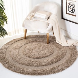 SAFAVIEH Florida Shag Collection Area Rug - 6'7" Round, Beige & Beige, Border Design, Non-Shedding & Easy Care, 1.2-inch Thick Ideal for High Traffic Areas in Living Room, Bedroom (SG454-1313)