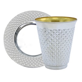 Exquisite 100 Pcs - 50 Sets of 5.5 oz Disposable Plastic Kiddush Cup and Tatz Silver Cup and Saucer Set for Passover, Shabbat, Wedding, Brit and Year Round - Bulk Pack