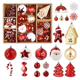 Alupssuc 65pcs Christmas Balls Ornaments Set, Shatterproof Plastic Baubles Gingerbread House, and Tree Topper for Xmas Tree Holiday Wedding Party Decorations with Hanging Strings, Gold & Red, White