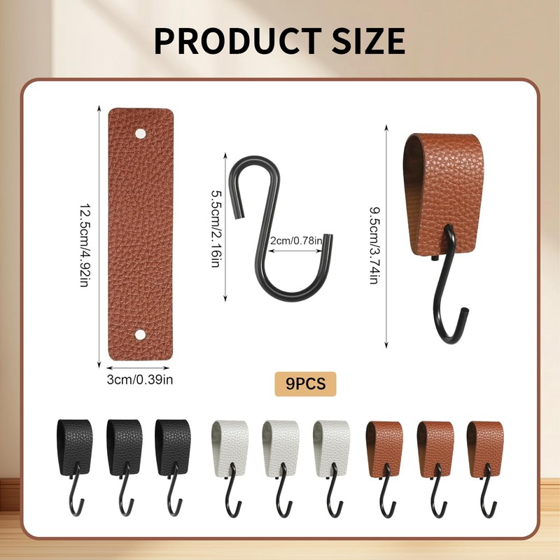 VARKAGE S Hooks Black with Leather Loop, Pack of 9