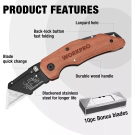 WORKPRO Folding Utility Knife Wood Handle Heavy Duty Box Cutter NEW Quick-change