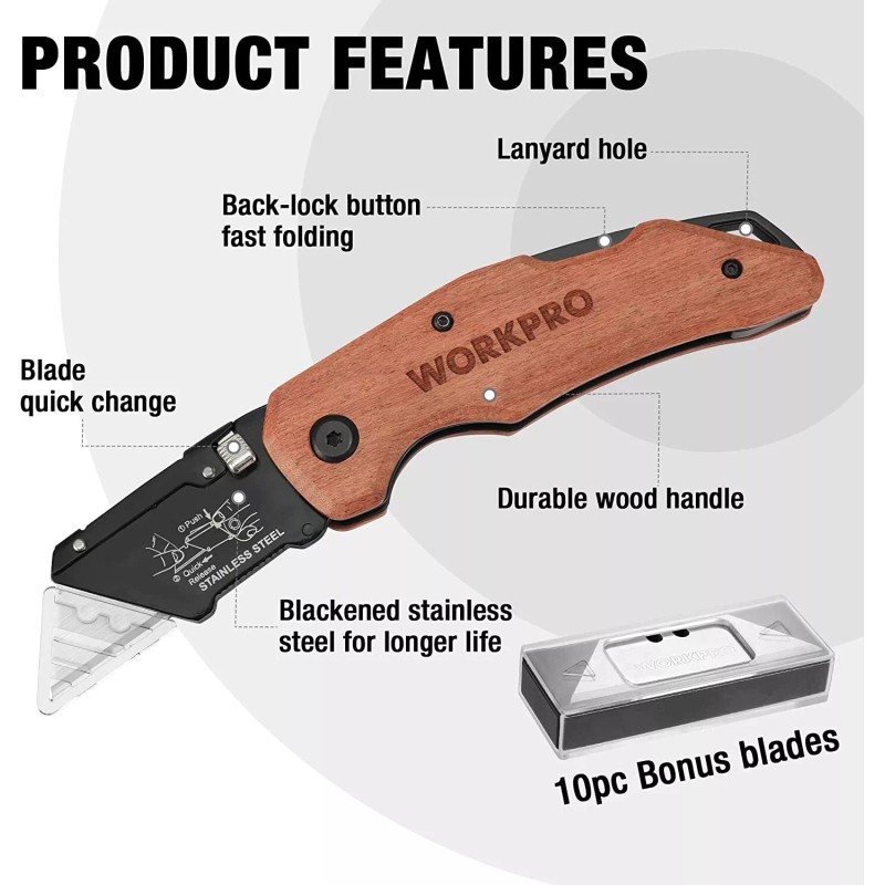 WORKPRO Folding Utility Knife Wood Handle Heavy Duty Box Cutter