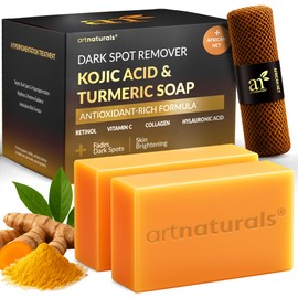 Kojic Acid Soap + African Net Sponge (2 pack X 142g Turmeric bars) Dark spot remover & Scars - Original Japanese Complex Vitamin C, Hyaluronic Acid, retinol, shea butter (Citrus)