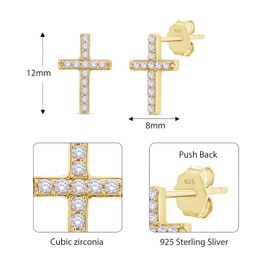 Round Shape White Cubic Zirconia Cross Stud Earrings In 14k Yellow Gold Over Sterling Silver